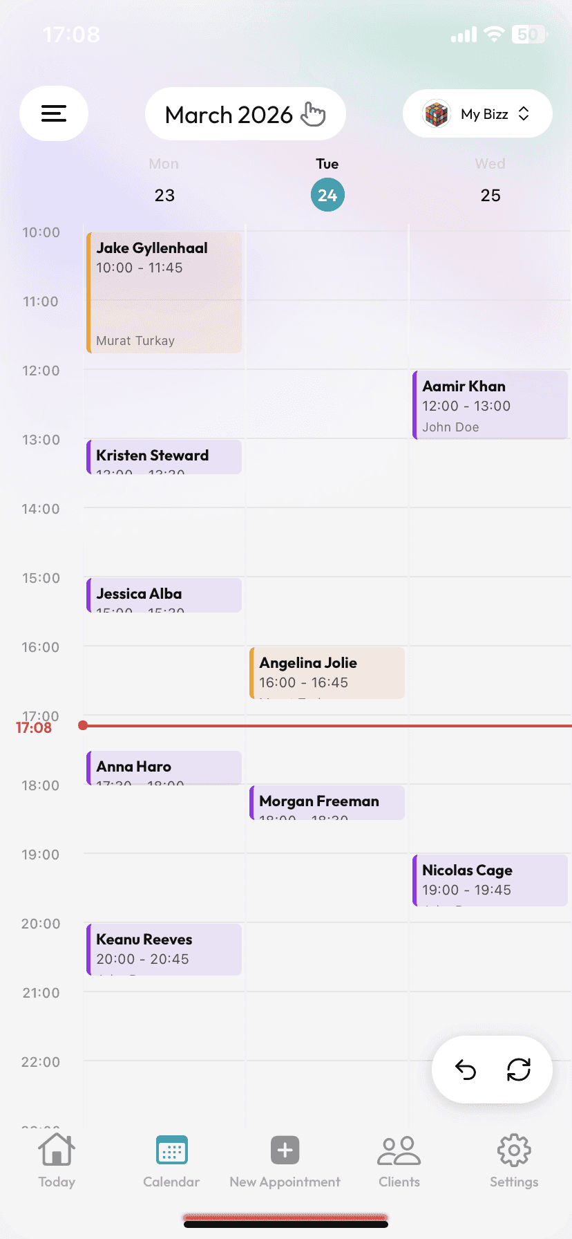 Therapist session calendar — weekly view